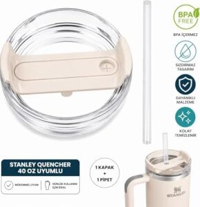 Quencher 40 Oz Uyumlu Yedek Bardak Kapağı ve Plastik Pipet Seti | Sızdırmaz, Dökülmez, Bpa Içermez | 40 Oz Tumbler Termos Aksesuarı (1 Kapak + 1 Pipet) (Beyaz)