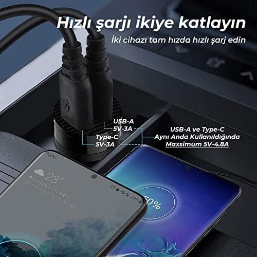 Bix BXAC65C 65W Pd Type-C & 18W Usb-A Girişli Çift Portlu Hızlı Şarj Özellikli Araç Içi Şarj Cihazı Siyah