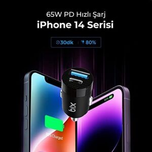 Bix BXAC65C 65W Pd Type-C & 18W Usb-A Girişli Çift Portlu Hızlı Şarj Özellikli Araç Içi Şarj Cihazı Siyah
