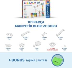 Magly Ball Run Parkur Oyunu – Çocuklar Için Renkli 3 Boyutlu 101 Parça Yapı Seti - Manyetikler ve Yollar