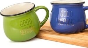 2'li Emaye Görünümlü Renkli Porselen Kupa Seti Good Morning Gold Yazılı 250 Ml,mavi & Yeşil