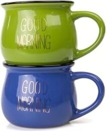 2'li Emaye Görünümlü Renkli Porselen Kupa Seti Good Morning Gold Yazılı 250 Ml,mavi & Yeşil