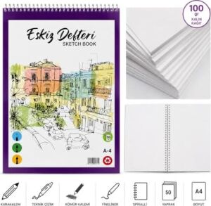 Lona Lucy A4 Spiralli Eskiz Defteri, 100 Gr/m² Kalın Kağıt, 50 Yaprak, Çizgisiz, Karakalem ve Teknik Çizim Için, 21X29.7 Santimetre