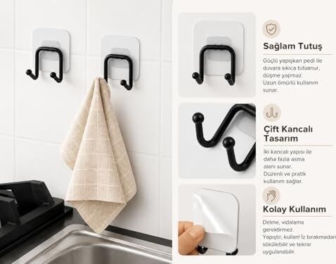 2’li Güçlü Kancalı Askılık Siyah – Yapışkanlı Duvar Askısı, Delmeden Montajlı Havlu ve Bez Askısı, Banyo, Mutfak ve Çamaşır Odası Için Pratik Askı Seti