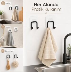 2’li Güçlü Kancalı Askılık Siyah – Yapışkanlı Duvar Askısı, Delmeden Montajlı Havlu ve Bez Askısı, Banyo, Mutfak ve Çamaşır Odası Için Pratik Askı Seti