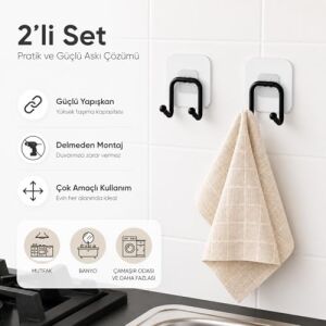 2’li Güçlü Kancalı Askılık Siyah – Yapışkanlı Duvar Askısı, Delmeden Montajlı Havlu ve Bez Askısı, Banyo, Mutfak ve Çamaşır Odası Için Pratik Askı Seti