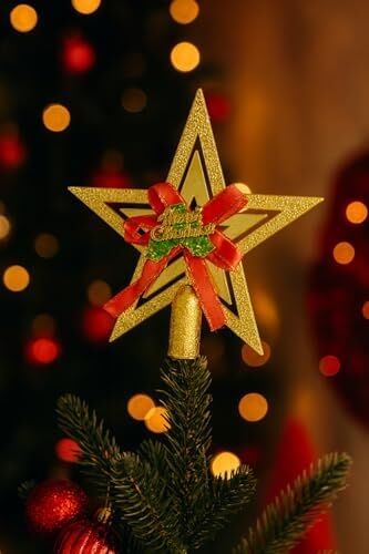 Yılbaşı Ağacı Yıldızı Gold Kırmızı Kurdelalı Merry Christmas Yazılı Yılbaşı Süsü