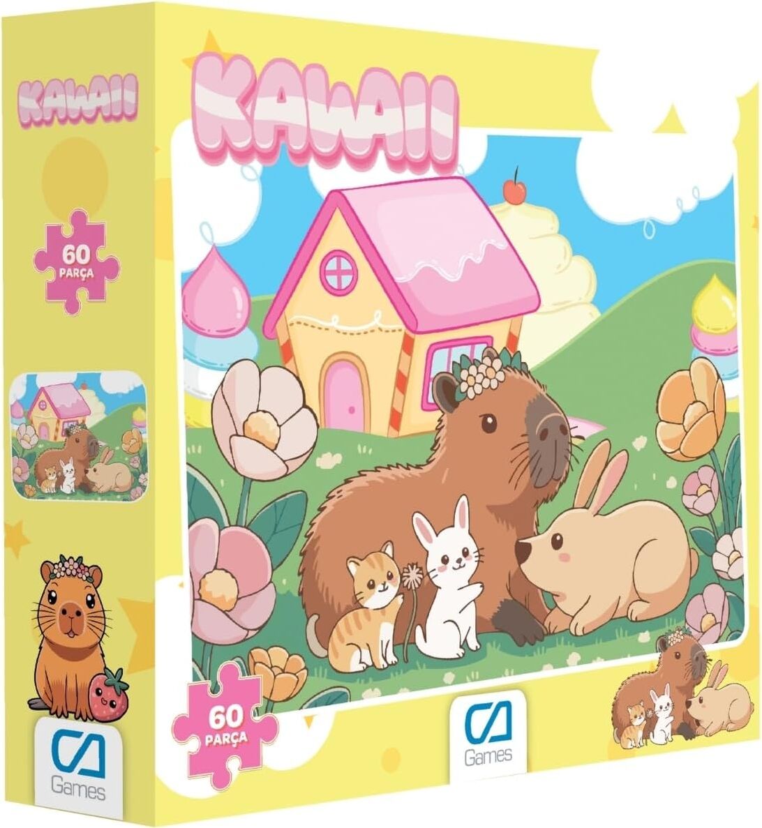 Kawaii Capybara ve Sevimli Dostları Desenli  60 Parça 34X24CM Çocuk Puzzle Yapboz Serisi