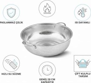 Premium 22 cm Paslanmaz Çelik Mutfak Süzgeci, Çift Kulplu Metal Pirinç ve Bakliyat Yıkama Kabı, Isıya Dayanıklı Delikli Sebze Meyve Süzme Kasesi (Gümüş)