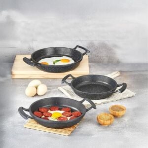 3'lü Döküm Sahan Seti, 3'lü Yumurta, Omlet Tavası, 3 Boy Döküm Siyah Granit Sahan Tava (22CM-20CM-18CM)