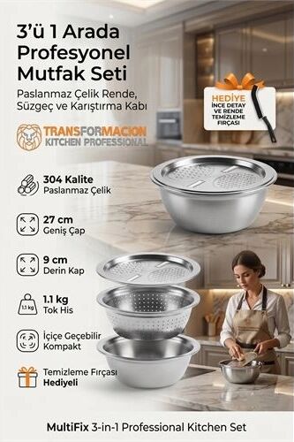 3'ü 1 Arada Profesyonel Mutfak Seti - Paslanmaz Çelik Rende, Süzgeç ve Karıştırma Kabı (27 Cm) 723296