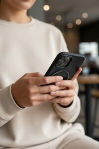 iPhone 17 Pro Max ile Uyumlu Standlı Manyetik Özellikli Premium Carbon Yüzey Telefon Kılıfı