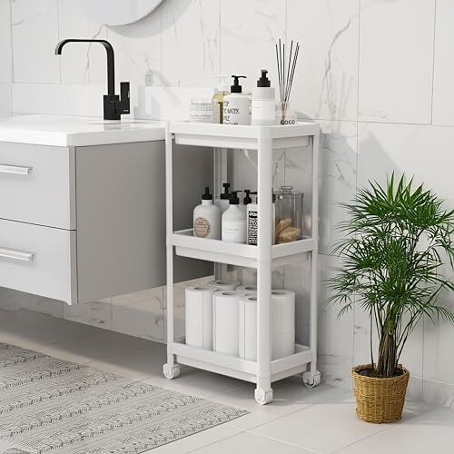 Peggy 3 Katlı Tekerlekli Raf Ünitesi - 36X71X23 cm Dar Alan Düzenleyici - Mutfak ve Banyo Için Aletsiz Kurulum Servis Arabası (Beyaz - Siyah - Gri) (Beyaz)