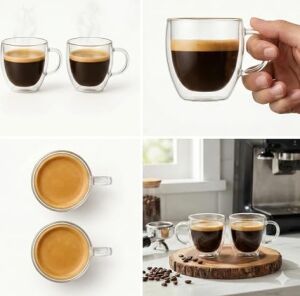 Çift Cidarlı 2’li Kulplu Espresso Fincan Seti 80 ml Şeffaf Espresso Kahve Kupaları, Shot Bardakları, Çift Cidarlı Espresso Fincanları, Espresso Makinesi Için Uygun, Mikrodalga Fırında Kullanılabilir