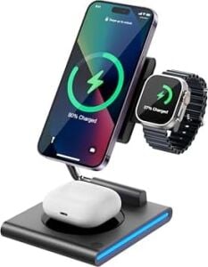 3-In-1 Kablosuz Şarj Standı, Telefon Saat Kulaklık Için, Ayarlanabilir Açılı, LED Işıklı, Gri iPhone ile Uyumlu-Watch ile Uyumlu-Airpods