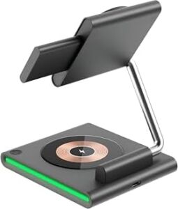 3-In-1 Kablosuz Şarj Standı, Telefon Saat Kulaklık Için, Ayarlanabilir Açılı, LED Işıklı, Gri iPhone ile Uyumlu-Watch ile Uyumlu-Airpods