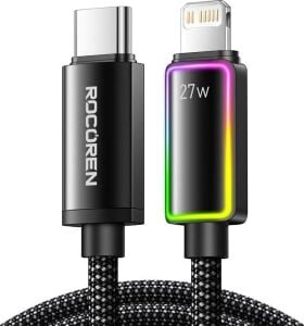 27W Type-C To Lightning Rgb Aydınlatmalı Örgülü Şarj ve Data Kablosu 1 Metre