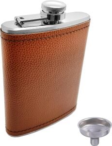Çelik Üzeri Kahve Deri Kaplı 8 Oz 240 ml Içki Matarası PY96KHV