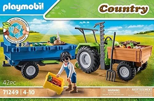 Playmobil Country 71249 Römorklu Traktör, Taşıma Kutuları Dahil, Organik Çiftlik Için Yeşil Traktör, 4 Yaşından Büyük Çocuklar Için Sürdürülebilir Oyuncak