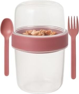 Pembe Saklama Kabı – 2 Katlı Taşınabilir Yemek Kabı, Kaşık ve Çatal Dahil 18X10 cm