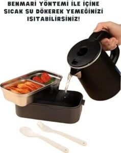 Bento 1350ML Lunchbox 2 Katlı 3 Bölmeli ve Sosluklu Çelik Sefer Tası Yemek Kutusu Çatal Kaşık Hediyeli (Lacivert)
