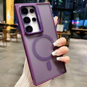 Galaxy S24 Ultra ile Uyumlu Kamera Lens Aparatlı Stand Olabilen Magsafe ile Uyumlu Kamera Korumalı Şeffaf Full Color Magnetic Wireless Telefon Kılıfı (Derin Mor, Galaxy S24 Ultra)