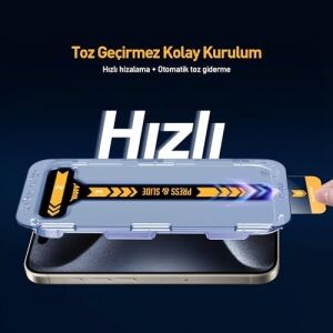 Buff, iPhone 15 Serisi ile Uyumlu 5d Easyfit 2 Adet Kolay Uygulama Aparatlı Ekran Koruyucu Temperli Cam, iPhone 15 Pro, Şeffaf