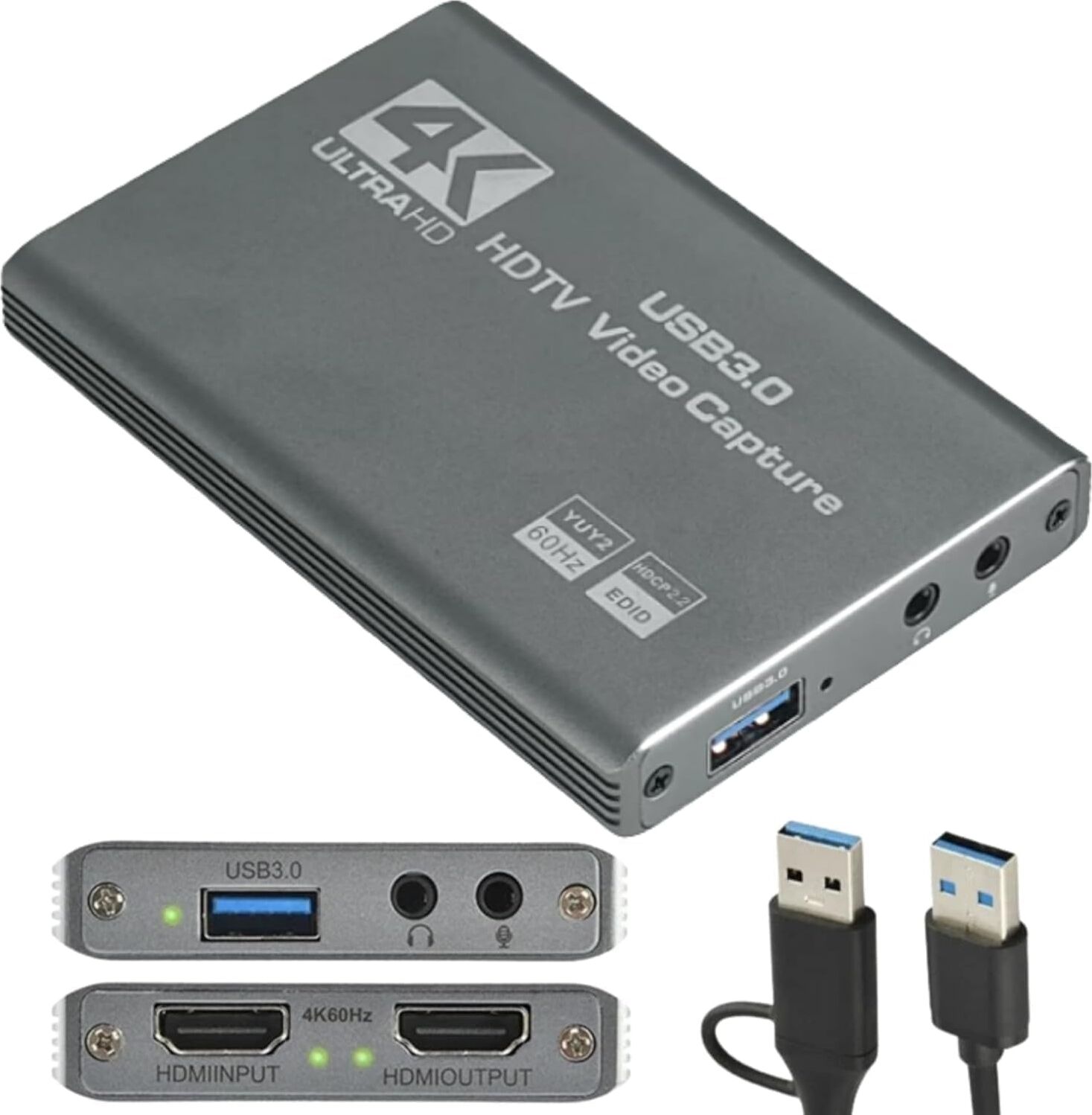 HDMI To USB 3.0 Video Capture Kartı Ses ve Görüntü Yakalama | 4K 60FPS Görüntü Aktarma, Ekstra Güç Gerektirmez, Ps3 Ps4 Ps5 Xbox, Windows ve Os x ile Uyumlu Yayın Kayıt Cihazı, ZR1285, Gri