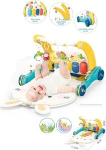 BIB6015 -Vardem Piyanolu 2 In 1 Bebek Yürüteci ve Tavşan Desenli Mavi Oyun Halısı