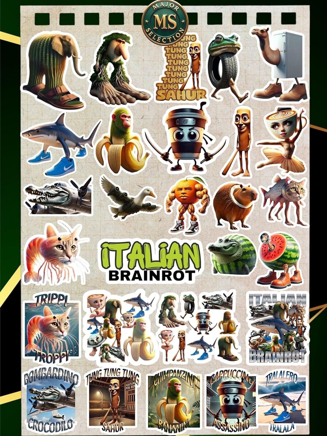 Italian Brainrot Sticker Seti – 28 Parça | Tralalero Tralala, Bombardiro Crocodilo, Boneca Ambalabu | Komik Karakter Çıkartmalar – 3-5 cm Suya Dayanıklı