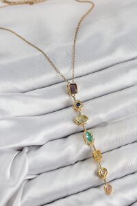 Pirinç Renkli Zirkon Taşlı Model Gold Renk 7 Element Kadın Y Kolye