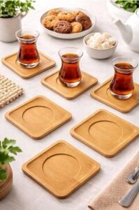 Bambu Çay Tabağı Altlığı, Kare Şekilli, Bej, Elde Yıkama Önerilen, Bulaşık Makinesi Uygun Değil, 10 x 10 Cm, 6 Parça