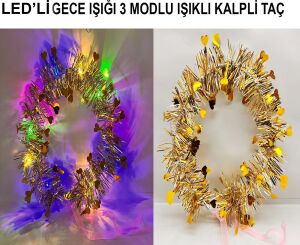 Kalp Püsküllü Gece Parıltısı 3 Modlu Led'li Işıklı Taç Altın Renk