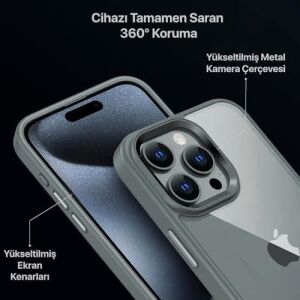 iPhone 15 Pro Için Hybrid Serisi Arkası Kristal Şeffaf Polikarbonat Kenarları Silikon Kamera Lens Çerçevesi ve Tuşları Metal Yüksek Kalite Şeffaf Silikon Kılıf (Titanyum Gri, Klasik)