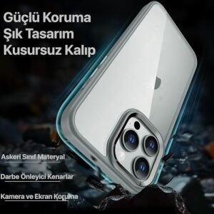 iPhone 15 Pro Için Hybrid Serisi Arkası Kristal Şeffaf Polikarbonat Kenarları Silikon Kamera Lens Çerçevesi ve Tuşları Metal Yüksek Kalite Şeffaf Silikon Kılıf (Titanyum Gri, Klasik)