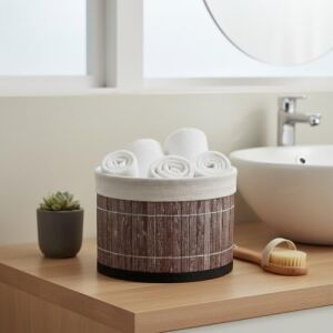 Yuvarlak Bambu Düzenleyici ve Saklama Sepeti – Çok Amaçlı Banyo, Makyaj ve Ofis Organizeri, Kumaş Astarlı Dekoratif Silindir Kutu (18X13 Cm, Gri)