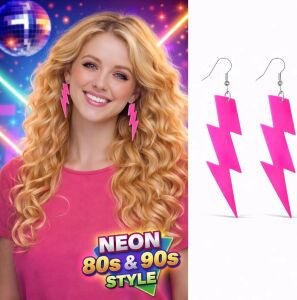 80’ler 90'lar Retro Neon Pembe Şimşek Küpe 10 cm
