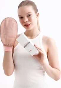 Bej Lastikli Banyo Duş Kesesi Peeling ELDIVENI%100 Floş Ipek Hassas Ciltler Için
