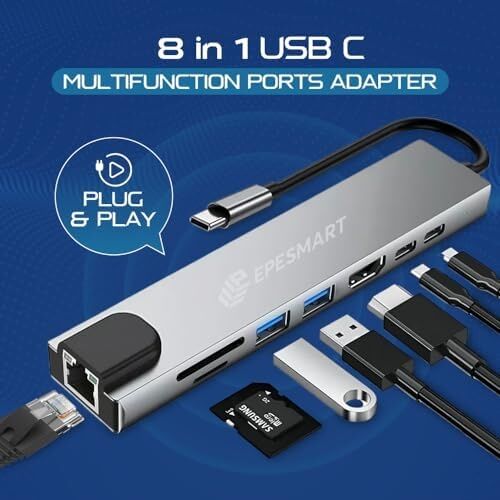 8 Portları 1 Arada USB C Hub Adaptörü, 4K Hdmı, Şarj Cihazı, USB C Bağlantı Noktaları, Sd/micro Sd Kart Okuyucular, Ethernet Bağlantı Noktası, M1 ve M2 Mac Bilgisayarlar Için, Thunderbolt 3