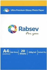 Rabsev Ultra Premium Parlak Fotoğraf Kağıdı, A4, 260G/M2, Hızlı Kuruyan, 20 Yaprak