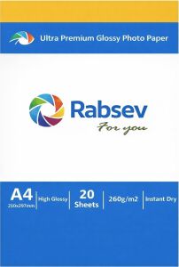 Rabsev Ultra Premium Parlak Fotoğraf Kağıdı, A4, 260G/M2, Hızlı Kuruyan, 20 Yaprak