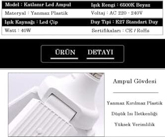 Pervane LED Ampul 3 Kollu Katlanabilir Cata 42W 6400K Beyaz Işık Yaprak LED Ampul