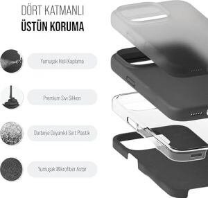 iPhone Kılıf Ince Sıvı Silikon 3 Katmanlı Tam Kaplamalı Yumuşak Jel Kauçuk Kılıf Kapak, Antrasit Siyah (Iphone 14 Pro Max 50)