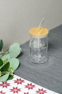 Bambu Kapaklı Cam Pipetli 330 ml Borosilikat Bardak