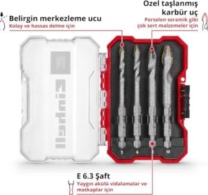 Orijinal  Xs-Case 4 Parça Karbür Fayans Matkap Ucu Seti (Takım Çeliğinden Üretilmiştir, Özel Taşlanmış Karbür Plaka, Merkezleme Ucu, E 6.3 Sap, Saklama Kutusu Dahil) - 49051404