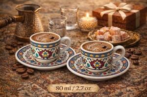 Renkli Desenli Porselen Türk Kahvesi Fincan Takımı, 2’li Set, Geleneksel Kahve Kültürünü Yansıtan Şık Fincan ve Tabak, Ev ve Ofis Kullanımına Uygun, 80 ml