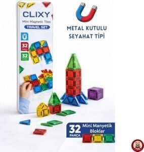 Manyetik Yapı Blokları - 32 Parça Seyahat Tipi Mini Bloklar Metal Saklama Kutulu Çanta Boy Renkli