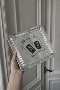 Mr. & Mrs. Desenli Kare Paslanmaz Çelik Kahve Çay Söz Nişan Sunum ve Dekoratif Tepsi