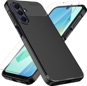 -  ile Uyumlu Galaxy S25 Fe Kılıf Kamera Korumalı Karbon Desenli Koruyucu Silikon + Ekran Cam Set