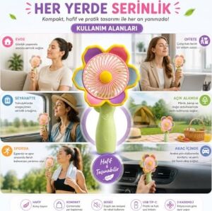 Mini El Fanı USB Şarjlı Type-C Bağlantılı 3 Kademeli Taşınabilir Elektrikli Fan Masaüstü ve El Tipi Kullanım Renk Serinletici Fan Yeşil Pembe Sarı Çiçek
